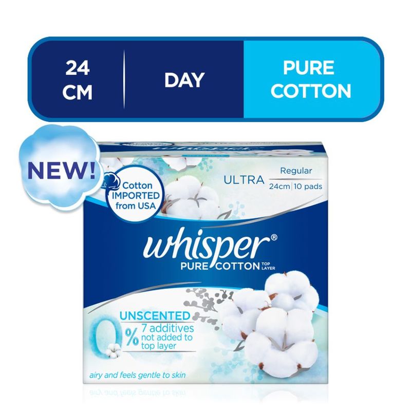 Whisper Pure Cotton Unscented Sanitary Pads Regular 24cm 10s