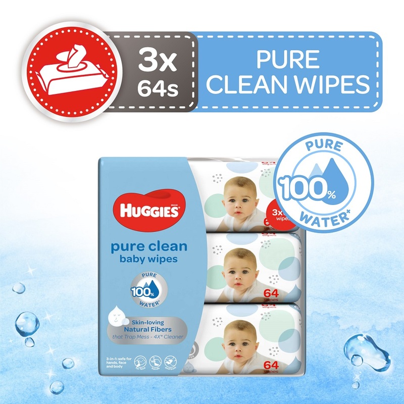 Huggies Pure Clean Baby Wipes Triple Pack, 3x64s | Baby Wipes | Diapers ...