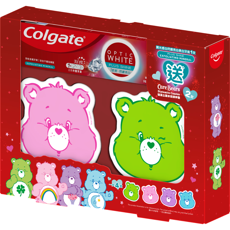 Colgate Optic White Plus Shine Toothpaste 100g + Care Bears Coasters 2pcs (Random Color)