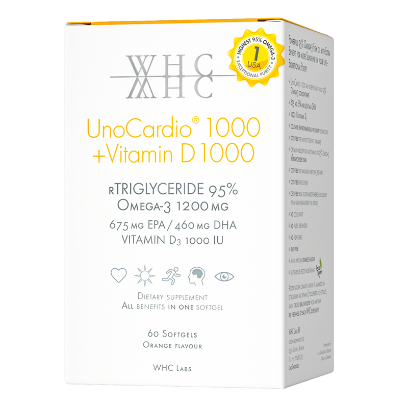 WHC UnoCardio 1000 + Vitamin D 95% High Purity Deep Sea Fish Oil 60 Softgels