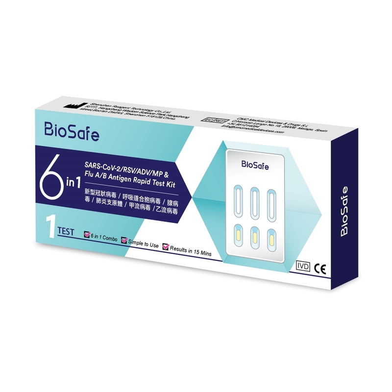 Biosafe 6合1快速檢測試劑(新型冠狀病毒/合胞病毒/腺病毒/肺炎支原體及甲/乙流病毒)1盒