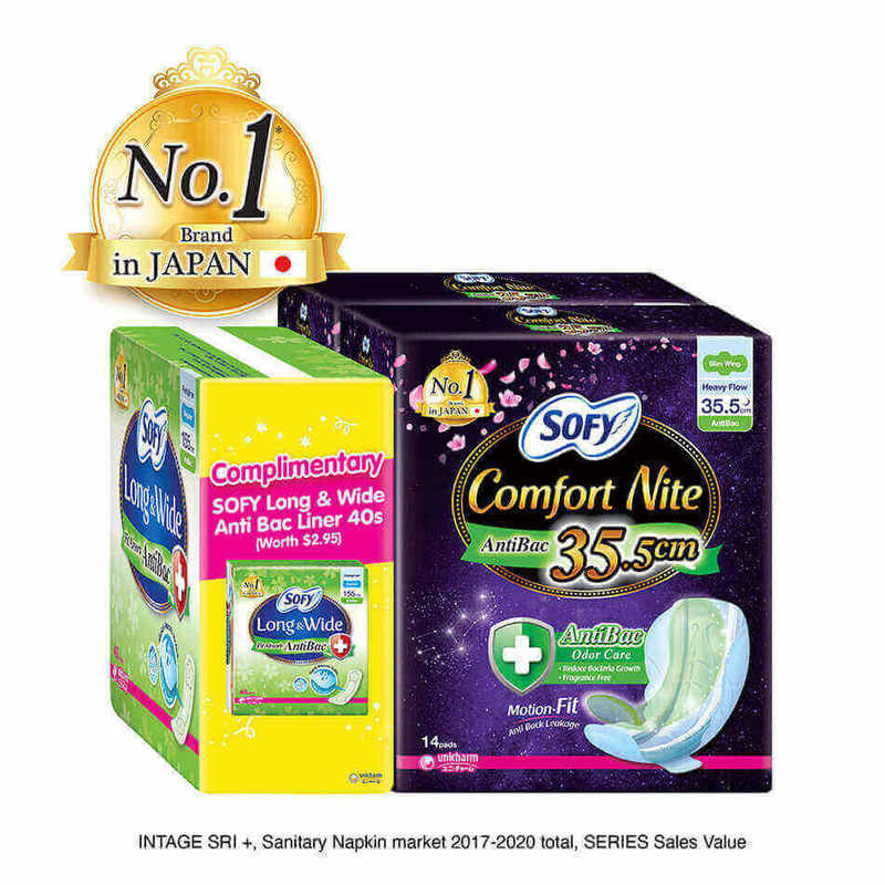 Sofy Comfort Nite Anti Bacterial (Body Fit) 35.5cm 14s Twin Pack banded with Pantyliner Long & Wide Fit Absorb (Anti Bacterial ) 40s 
