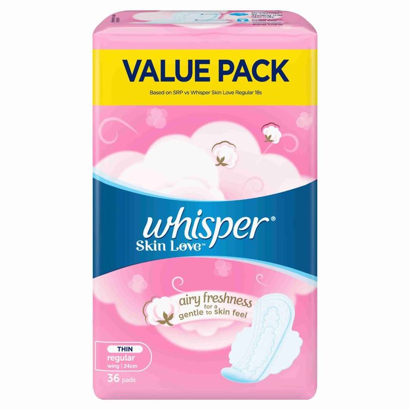 Whisper Skin Love Thin Regular Wing Sanitary pads 24cm 36 pads, Sanitary  Napkins, Sanitary Care, Toiletries