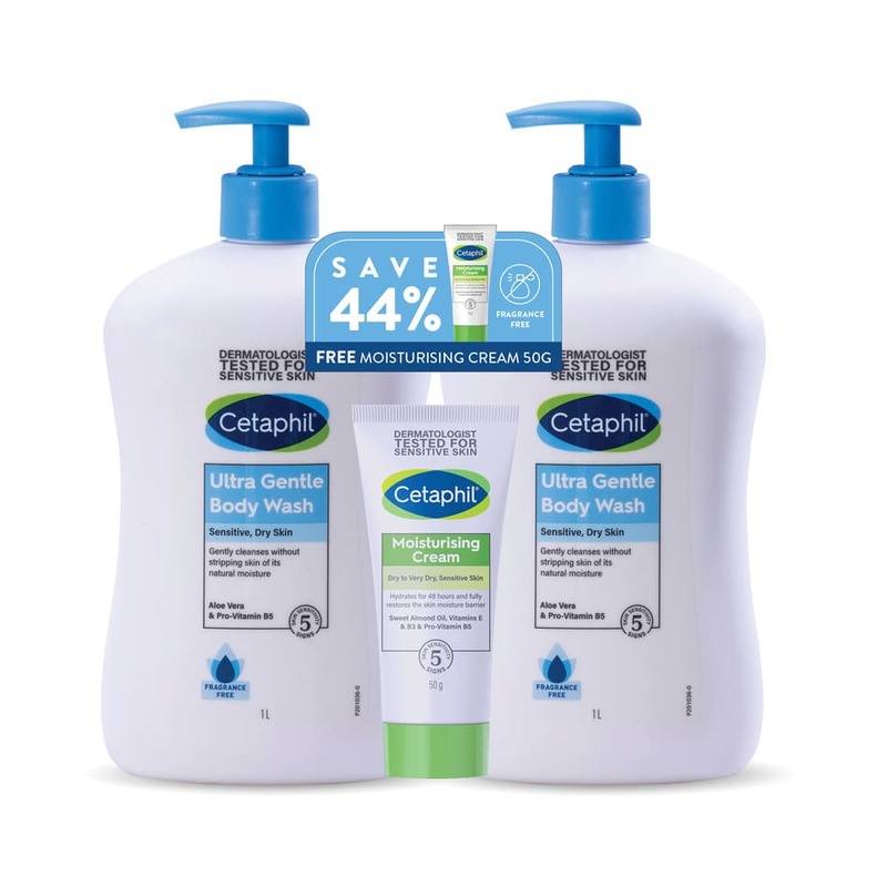 Cetaphil Ultra Gentle Body Wash 2 x 1L (Fragrance Free) + Moisturizing Cream 50g