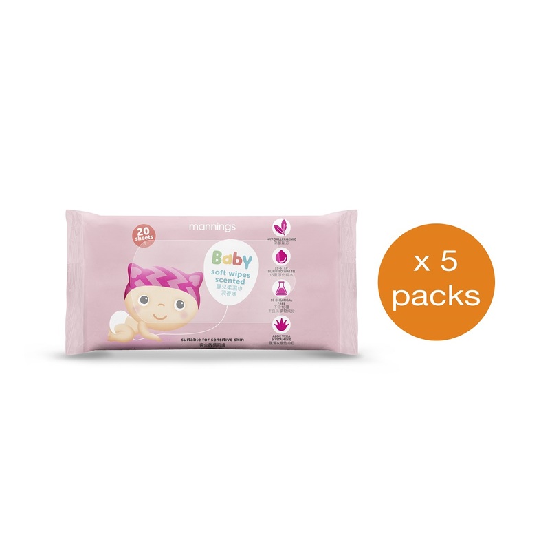 Mannings Baby Care Soft Wipes (Scented) 20pcs x 5 Bags