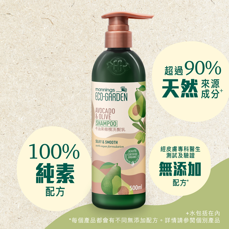 Mannings Eco-Garden牛油果橄欖絲滑柔順洗髮乳 500毫升