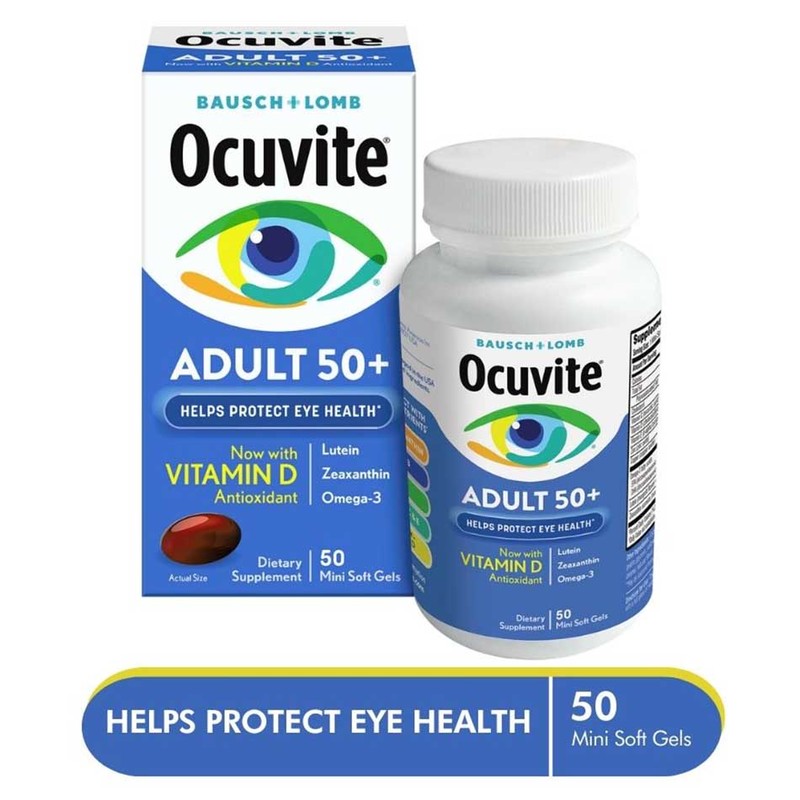 Bausch & Lomb Ocuvite Eye Vitamin Adult 50+ with Vitamin D (Improved Formula), 50 Soft Gels
