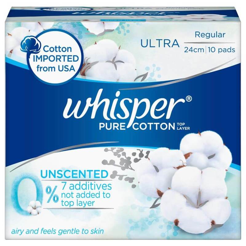 Whisper Pure Cotton Unscented Sanitary Pads Regular 24cm 10s