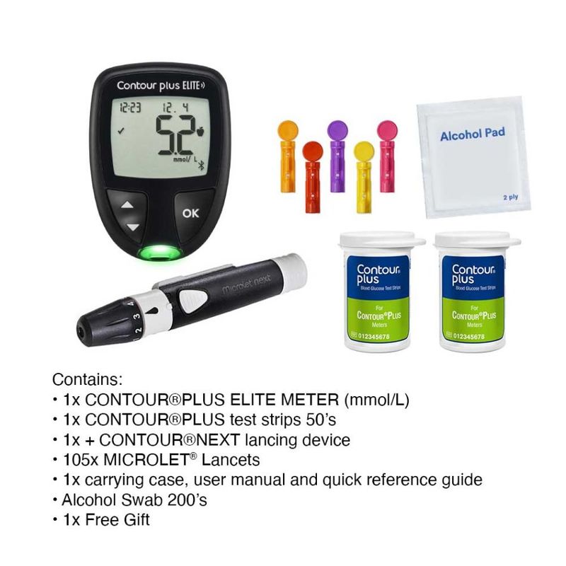 Contour Plus Elite Blood Glucose Meter (MMOL) + Test Strips 50s + Lancets  100s + Alcohol Swabs 200s, Health Devices & Testing, Health Aids &  Equipment, Health