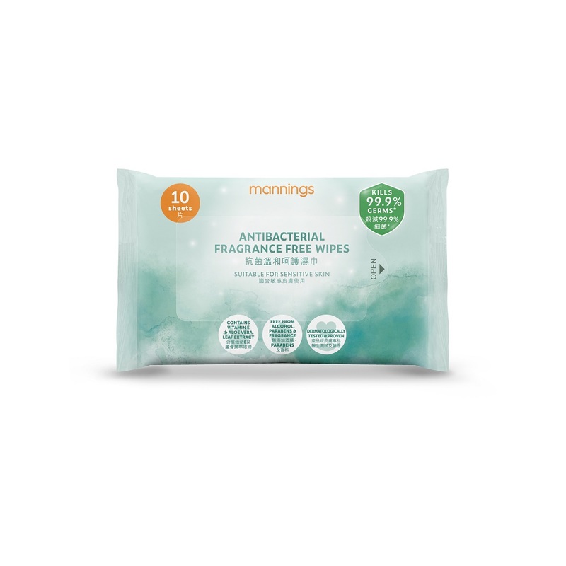 Mannings Antibacterial Fragrance Free Wipes 10pcs x 3 Packs