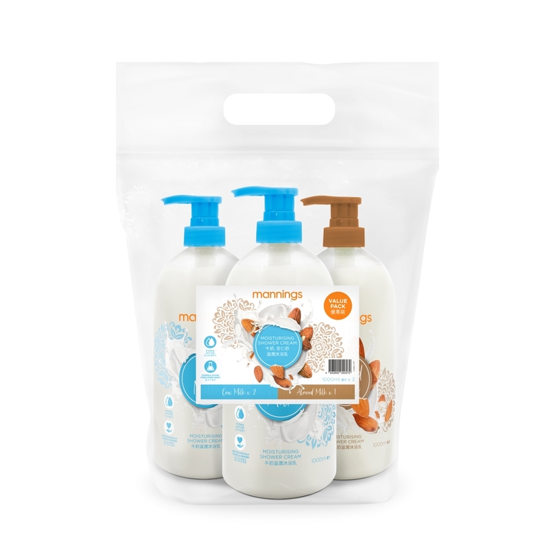 Mannings Moisturising Shower Cream Pack (Cow Milk 1000ml x 2pcs + Almond Milk 1000ml)