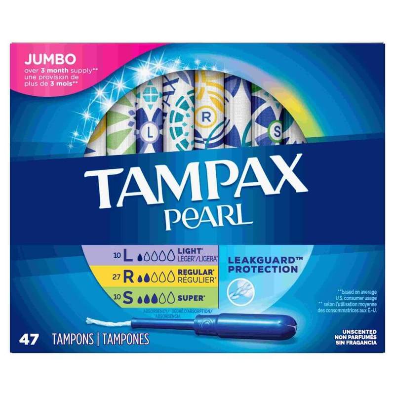 Tampax Pearl Tampons Light/Regular/Super Absorbency with LeakGuard Braid Triple Pack Unscented 47 count
