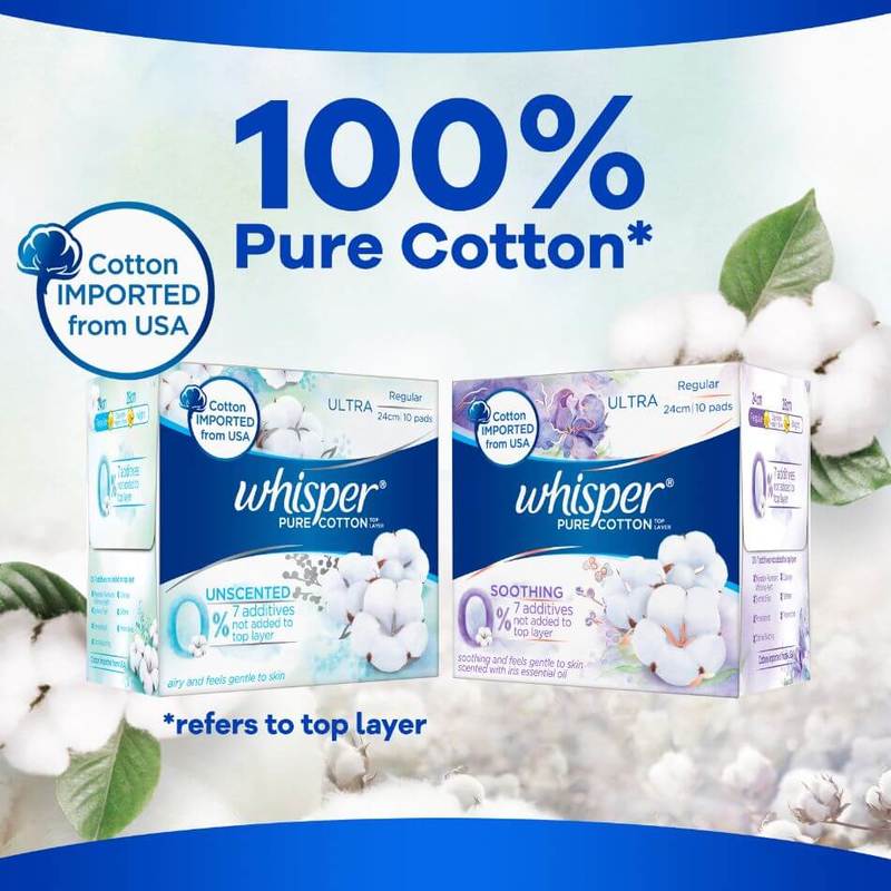 Whisper Pure Cotton Soothing Heavy Flow Sanitary Pads 28cm 8s