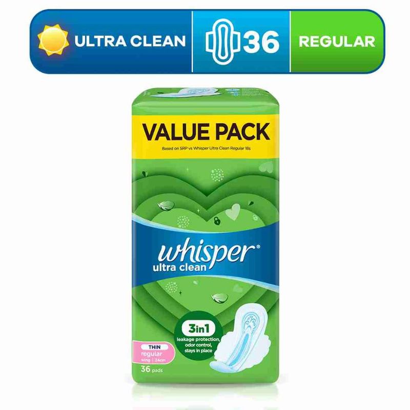 Whisper Ultra clean Thin Regular Wing Sanitary pads 24cm 36 pads