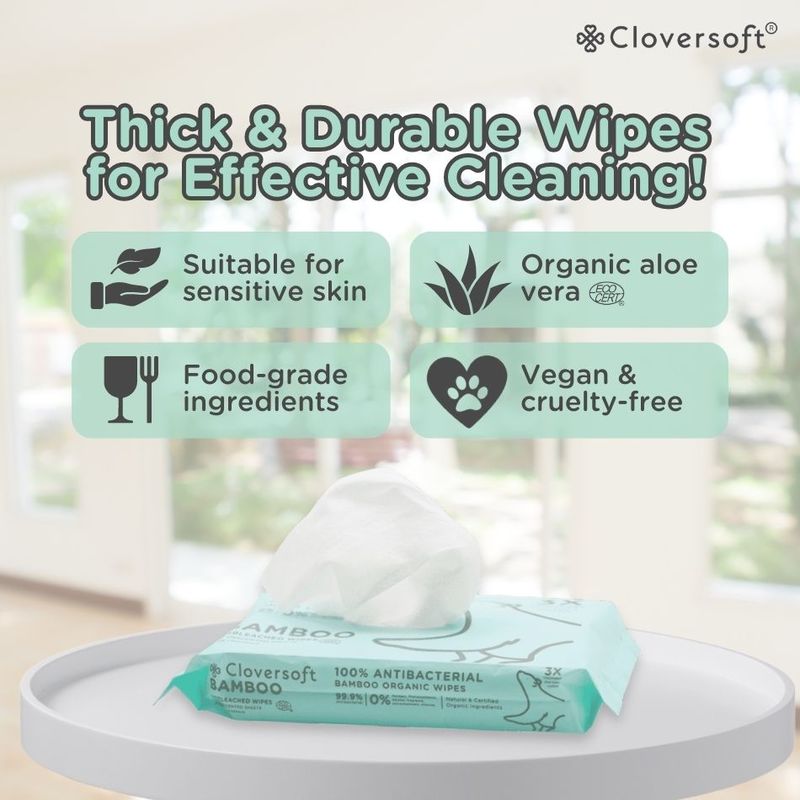 Cloversoft Organic Unbleached Bamboo Antibacterial Wipes, 40 sheets