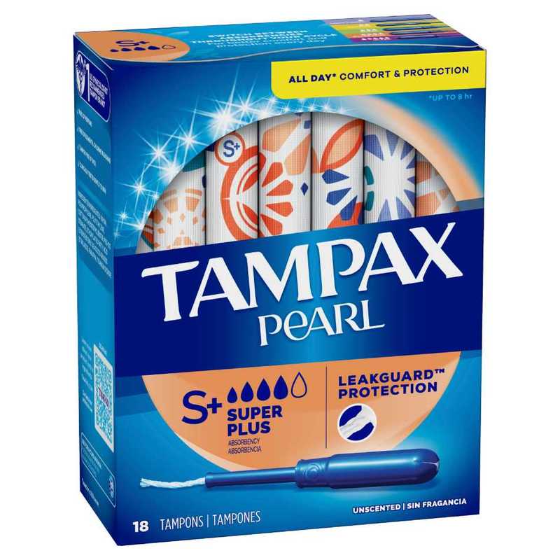 Tampax Pearl Plastic Unscented Super Plus Tampons, 18pcs