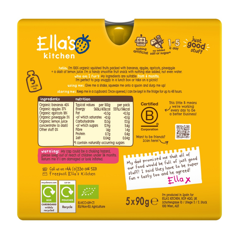 Ella's Kitchen Organic The Yellow One Smoothie Multi Pack (6 Month+) 90g x 5 Packs