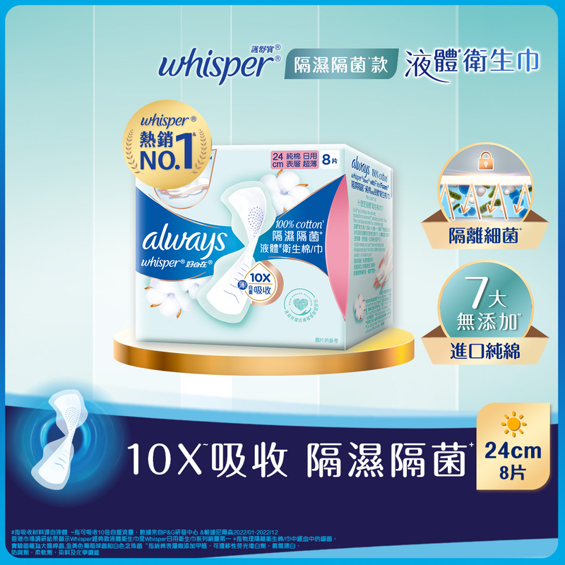 Whisper Liquid Pad Isolate Wetness & Germ Day 24cm 8pcs