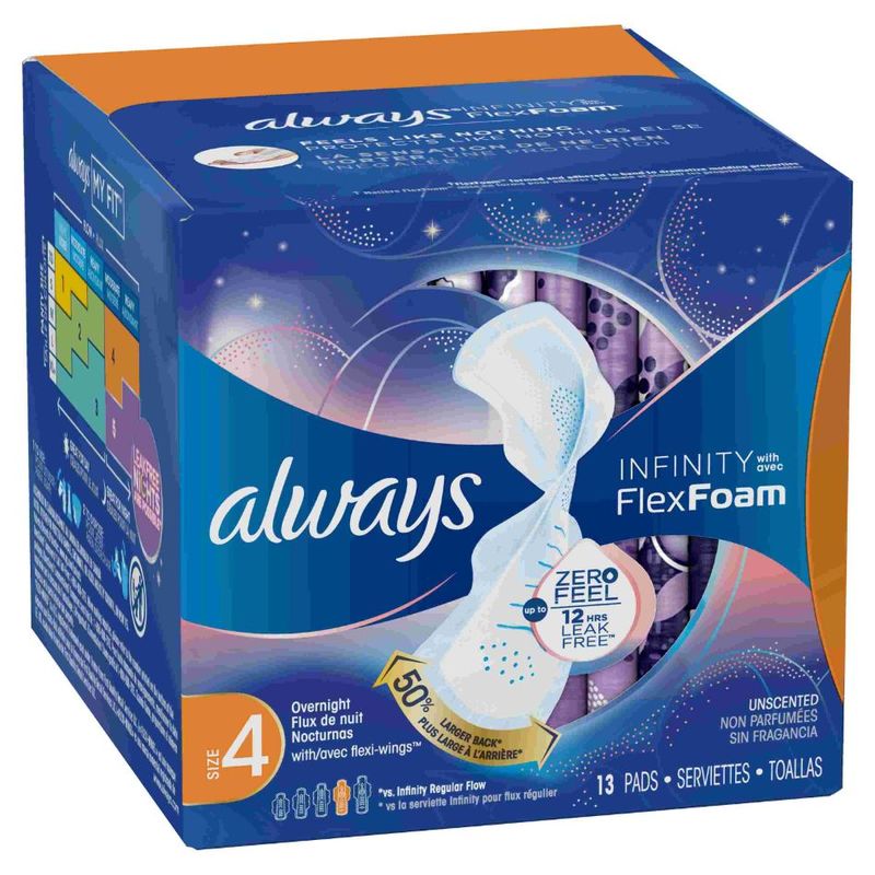 Always Infinity Size 4 Overnight Sanitary Pads with Wings, Unscented, 13 Count
