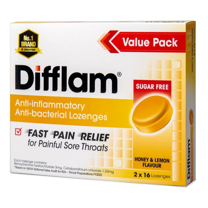 Difflam Anti-Inflammatory Anti-bacterial Honey Lemon Sugar Free Lozenges Twinpack 2x16s