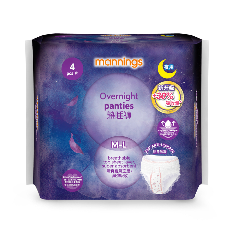 Mannings Overnight Panties M-L Size 4pcs