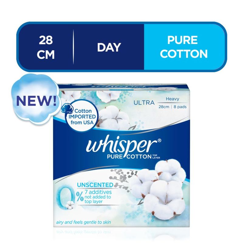 Whisper Pure Cotton Unscented Heavy Flow Sanitary Pads 28cm 8s