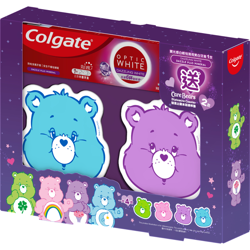 Colgate高露潔光感白輕悅薄荷美白牙膏 100克 + CareBears杯墊 2件 (隨機顏色)