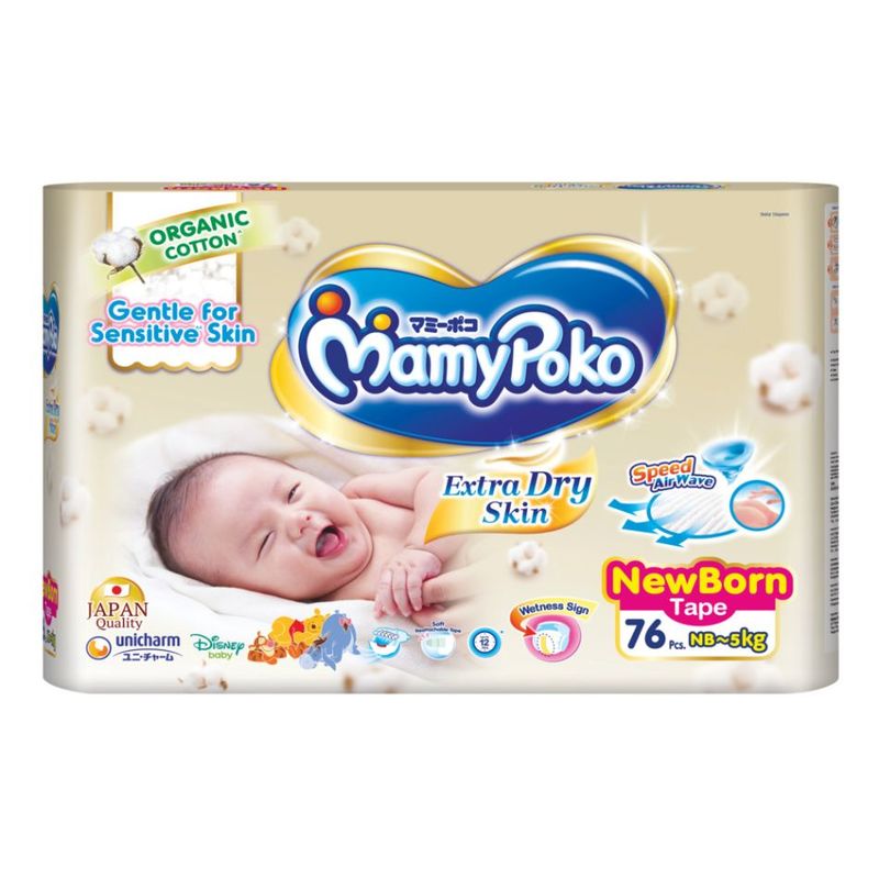 MamyPoko Extra Dry Skin Organic Cotton Tape Diaper New Born 76pcs