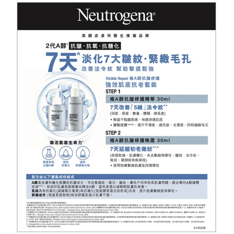 Neutrogena露得清維A醇抗皺修護強效肌底抗老套裝 (精華 30毫升 + 晚霜 30毫升)