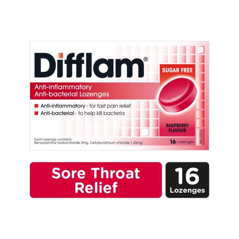 Difflam Anti-Inflammatory Anti-bacterial Raspberry Sugar Free Lozenges, 16pcs